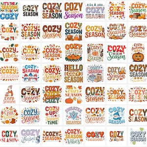 May include: A collection of colorful fall-themed designs with the words "Cozy Season" in various fonts and styles. The designs include pumpkins, leaves, and other autumn elements, perfect for seasonal crafts and decor.
