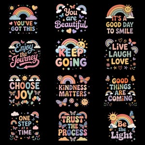 Puede incluir: Una colección de diseños coloridos e inspiradores sobre un fondo negro. Cada diseño presenta texto con arcoíris, mariposas y soles. Las frases incluyen "You've Got This", "You are Beautiful" y "Be the Light".