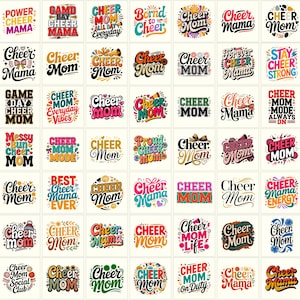 Könnte beinhalten: Eine Sammlung farbenfroher Grafikdesigns mit den Worten "Cheer Mom" in verschiedenen Schriftarten und Stilen. Einige Designs enthalten zusätzlichen Text wie "Game Day" und "Best Cheer Mama Ever". Die Designs befinden sich auf weißem Hintergrund.
