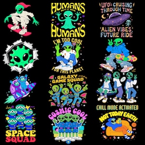 Puede incluir: Una colección de coloridos diseños gráficos con temática alienígena sobre un fondo negro. Los diseños incluyen extraterrestres en monopatín, en naves espaciales y con texto como "Humans", "Cosmic Cool" y "Space Squad". El tema general es divertido y juguetón.