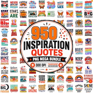 Peut inclure: Une collection numérique de 950 citations inspirantes avec une typographie colorée, des arcs-en-ciel, des papillons et des motifs de soleil. Le graphique circulaire central affiche le texte 950 INSPIRATION QUOTES PNG MEGA BUNDLE 300 DPI TRANSPARENT BACKGROUND.