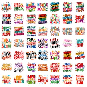 May include: A collection of forty-nine colorful graphic stickers featuring motivational quotes and inspirational phrases in various fonts and styles, including text like Courage is Contagious, Self Love, and Dream Bigger Than Your Doubts.