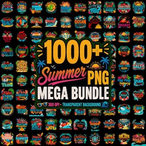 Op de afbeelding: Een digitale collectie van meer dan 1000 zomerse grafische ontwerpen met levendige illustraties van palmbomen, stranden en tropische elementen met tekstoverlays. De centrale afbeelding toont de tekst 1000+ Summer PNG MEGA BUNDLE.