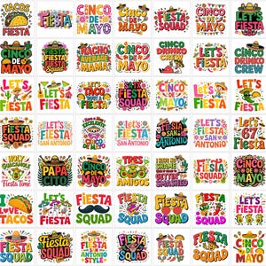 Pode incluir: Uma coleção de quarenta e oito designs gráficos coloridos com temas de Cinco de Mayo e fiesta. As ilustrações incluem textos como Let's Fiesta, Cinco de Mayo e Fiesta Squad, ao lado de ícones como tacos, sombreros, maracas e guitarras.