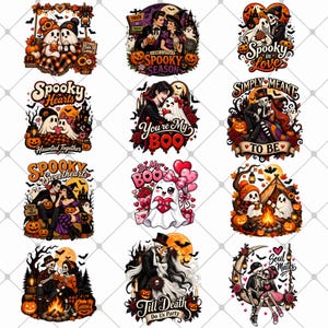 Peut inclure: Une collection de douze illustrations numériques sur le thème d'Halloween représentant des fantômes, des squelettes et des couples dans des décors romantiques avec des citrouilles, des feuilles d'automne et des textes comme Spooky Season.