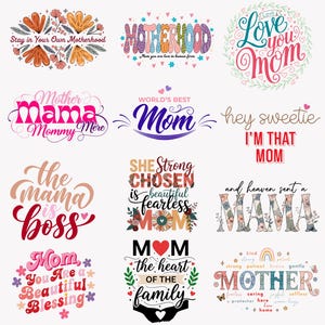 Könnte beinhalten: Eine Sammlung farbenfroher Grafikdesigns mit Text, die die Mutterschaft feiern. Die Designs zeigen Sätze wie "Love You Mom", "Motherhood" und "The Mama is Boss" mit floralen und Herz-Akzenten. Ideal für den Muttertag.