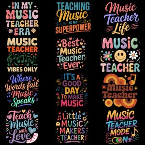 Könnte beinhalten: Eine Sammlung farbenfroher Grafikdesigns auf schwarzem Hintergrund, die jeweils Text zum Thema Musik und Musikunterricht enthalten. Designs beinhalten Sätze wie "Music Teacher Life" und "Teaching Music is my Superpower."