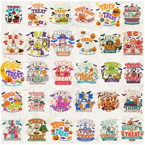 May include: A collection of thirty colorful Halloween-themed stickers featuring ghosts, pumpkins, and candy with the text Trick or Treat. Each design includes various illustrations like monsters, castles, and musical instruments in a retro style.