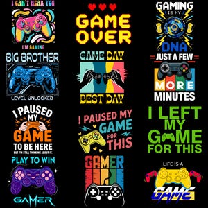 Könnte beinhalten: Neun Grafikdesigns auf schwarzem Hintergrund, jedes mit einem Videospiel-Controller und Text. Die Designs verwenden helle Farben wie Gelb, Blau und Grün, mit Sätzen wie "Game Over" und "Gamer."