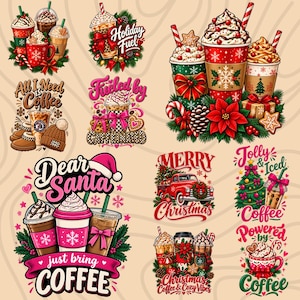 Può includere: Una collezione di illustrazioni digitali a tema natalizio con tazze di caffè, bevande ghiacciate, camion rossi, alberi di pino, stelle di Natale e bastoncini di zucchero. I disegni includono testi come Holiday Fuel, All I Need Is Coffee, Dear Santa just bring coffee e Merry Christmas.