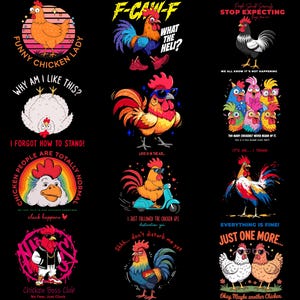 Puede incluir: Una colección de ilustraciones coloridas de gallos y gallinas con texto humorístico. Los diseños incluyen una gallina, un gallo en un scooter y un gallo con gafas de sol. Las imágenes están sobre un fondo negro.