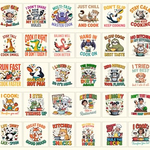 May include: A collection of thirty square stickers featuring cartoon animals and people in chef hats with cooking-themed text including phrases like Chef Girl, My Kitchen Rules, Master Cook, Cook It Right, and Kitchen Not a Restaurant.