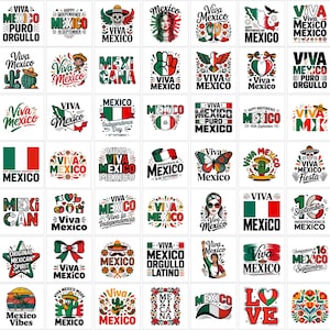 以下が含まれることがあります： メキシコ独立記念日をテーマにした48種類の正方形のグラフィックデザイン集。Viva Mexicoの文字、メキシコ国旗、ソンブレロ、サボテン、花柄、ドクロ、その他赤、白、緑の様々な愛国的なシンボルが描かれています。