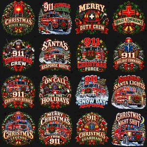 Op de afbeelding: Een verzameling van zestien kerstthema 911-hulpdienstemblemen met brandweerwagens, ambulances en reddingsvoertuigen versierd met kransen, lichtjes en feestelijke motieven, elk met unieke tekst zoals 911 Christmas Crew.