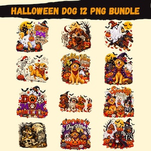 Może przedstawiać: Cyfrowa kolekcja dwunastu ilustracji o tematyce Halloween przedstawiająca różne rasy psów, dynie, duchy, szkielety i nietoperze. Tekst zawiera frazy takie jak HALLOWEEN DOG 12 PNG BUNDLE, GHOST DOG ON PATROL, Golden Vibes oraz Spooky Paws.