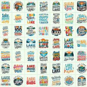 May include: A collection of forty-nine square graphic designs featuring lake-themed illustrations and typography. The colorful prints include phrases like Lake Days, Good Vibes, and Lake Life, incorporating imagery of suns, mountains, and water.