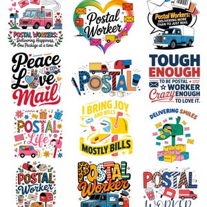 Puede incluir: Una colección de coloridos diseños gráficos con temas de trabajadores postales. Los diseños incluyen camiones de correo, buzones, sobres y texto como "Postal Worker", "Peace Love Mail" y "Delivering Smiles."