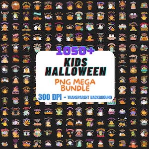 Könnte beinhalten: Eine digitale Sammlung von über 1050 Halloween-PNG-Grafiken für Kinder mit Cartoon-Geistern, Kürbissen und Monstern. Das zentrale weiße Etikett zeigt den Text 1050+ KIDS HALLOWEEN PNG MEGA BUNDLE 300 DPI - TRANSPARENT BACKGROUND.