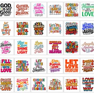 Può includere: Una collezione di trenta design grafici quadrati caratterizzati da una tipografia colorata in stile retrò con frasi religiose ispiratrici come God Is So Good, Spread Love, Fill Heaven e Angels Among Us, disposti in una griglia.