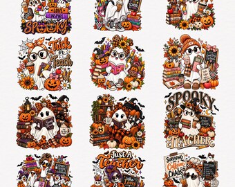 Halloween Teacher PNG Bundle | Ghost Book Stack | Fall Pumpkin Design | Spooky Classroom Sublimation File