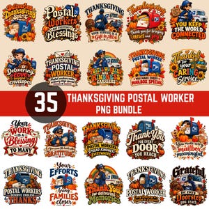 Peut inclure: Une collection numérique de 35 designs graphiques sur le thème de Thanksgiving représentant des facteurs, des boîtes aux lettres, des camions de livraison, des feuilles d'automne, des citrouilles et des tournesols avec du texte.