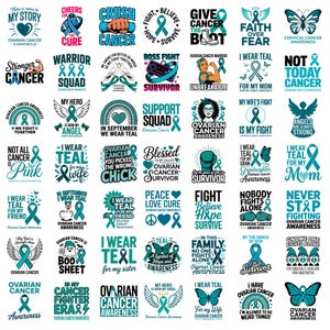 May include: A collection of forty-eight individual graphic designs featuring teal ribbons, butterflies, angels, and inspirational text related to ovarian and cervical cancer awareness, presented in a grid layout with various typography styles.