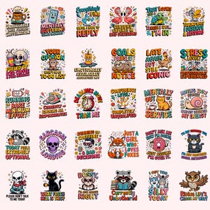 May include: A collection of thirty colorful stickers featuring cartoon animals, skulls, and objects with humorous text captions like 'Mentally Buffering', 'Goals Paused', 'Sarcasm Loading', and 'Running on Caffeine', arranged in a grid on a light background.