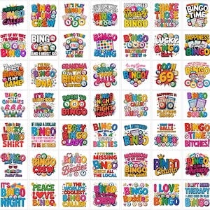 Peut inclure: Une collection de quarante-deux autocollants graphiques colorés présentant divers slogans sur le thème du bingo, des illustrations de boules de bingo numérotées, des cartes de jeu et des personnages de dessins animés, avec une typographie audacieuse.
