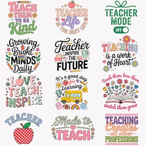 Può includere: Una collezione di colorati disegni a tema insegnanti con varie frasi come "Teach Them to Be Kind", "Teacher Life" e "Teaching is a Work of Heart". Ogni disegno presenta elementi decorativi come mele, fiori e matite.