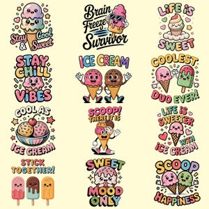 Op de afbeelding: Een verzameling kleurrijke illustraties met ijs-thema's en verschillende tekstzinnen. Ontwerpen omvatten ijsjes, ijslolly's en ijsbollen met tekst als "Stay Cool & Sweet", "Brain Freeze Survivor" en "Coolest Duo Ever!"