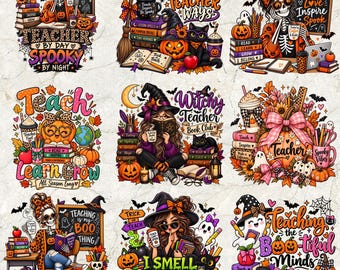 Halloween Teacher PNG Bundle, Witchy Skeleton Educator, Spooky Classroom Book Lover, Retro Pumpkin Sublimation