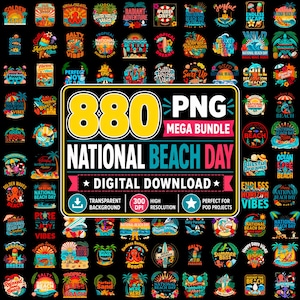 Puede incluir: Una colección digital de 880 archivos PNG con gráficos de temática playera y texto como National Beach Day, incluyendo ilustraciones de palmeras, atardeceres, olas del mar y criaturas marinas, presentados en un gran collage colorido.