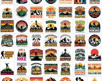May include: A collection of forty-eight square stickers featuring various hiking and camping themes with retro sunset backgrounds, mountain silhouettes, and motivational text such as Hike More Worry Less and Hiking Is My Therapy.