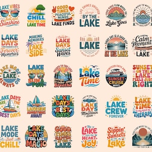 May include: A collection of twenty-five colourful graphic designs featuring lake-themed illustrations and typography. Each square graphic includes phrases like Lake Vibes, Lake Days, Lake Time, and Sunset Cruise, using various fonts and icons.