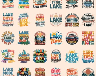 Summer Lake PNG Bundle | Retro Vacation Graphics, Fishing Boat Shirt Designs, Cabin Weekend Sublimation