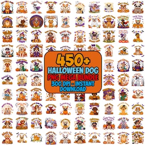 May include: A digital collection of over 450 Halloween-themed dog illustrations featuring various breeds in costumes like witches, ghosts, and pumpkins. The central orange graphic displays the text 450+ HALLOWEEN DOG PNG MEGA BUNDLE 300 DPI - INSTANT DOWNLOAD, surrounded by a grid of colorful cartoon canine designs.