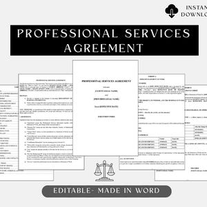 May include: A professional services agreement document template with black text on white paper. The document includes sections for client and provider legal names, effective dates, and execution forms. A scale of justice icon is centred at the bottom.