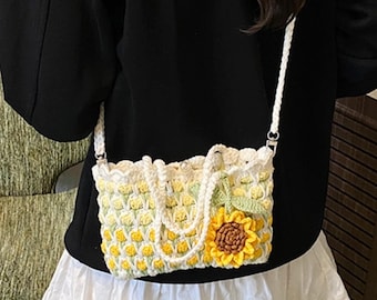 Crochet flower shoulder bag with flower charm, handmade in two sizes