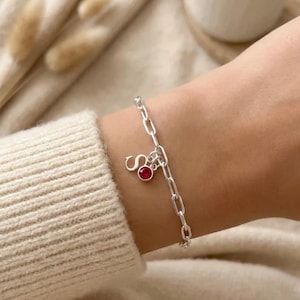 May include: Silver link bracelet featuring a letter "S" charm and a red gemstone. The bracelet is worn on a wrist. The background is a soft, neutral colour.