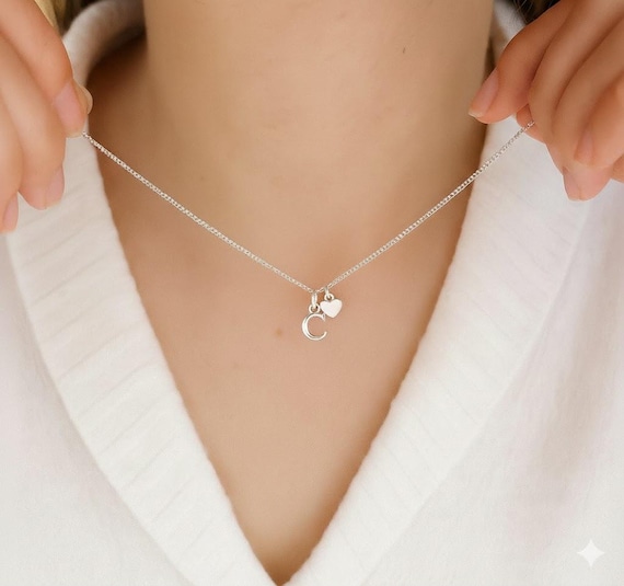 Dainty Sterling Silver Initial Necklace • Personalized Letter Pendant with Heart