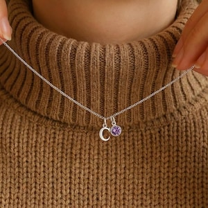 Könnte beinhalten: Eine silberne Halskette mit zwei Anhängern. Ein Anhänger ist der Buchstabe "C", der andere ein runder, violetter Edelstein. Die Halskette wird vor einem braunen Strickpullover präsentiert.