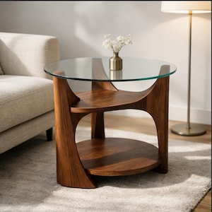 May include: A contemporary side table with a clear glass top and two lower wooden shelves. The table is made of dark brown wood and has a unique, curved design. A small gold vase with white flowers sits on the glass top. The table is approximately 61 cm in diameter.