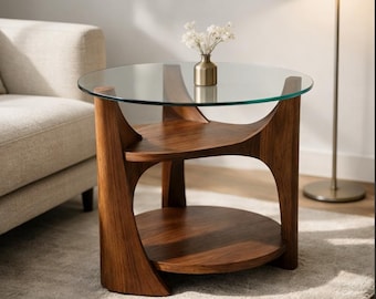 Mesa auxiliar redonda Wabi Sabi con tablero de vidrio templado, base de madera maciza de nogal, mesa de centro, mesa auxiliar moderna para sala de estar y dormitorio.
