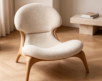 Bouclé Accent Chair with Solid Ash Wood Frame, Curved Mushroom Back Lounge Chair, Cozy Low Profile Armchair for  Living Room Bedroom Decor