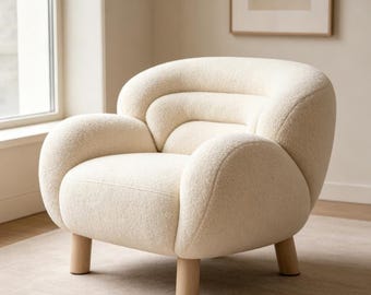 White Bouclé Accent Chair with Deep Seat and Solid Wood Legs, Cozy Cloud Style Armchair, Non Swivel Lounge Chair  Home Decor Gift