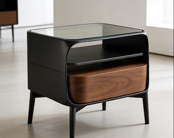 Modern Walnut Nightstand with Drawer, Glass Top Bedside Table, Open Shelf Storage Side Table for Bedroom