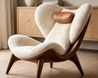 Mid Century Modern Accent Chair, Bentwood Frame Lounge Chair with Leather Headrest, Cozy Reading Chair for Living Room Bedroom Gift