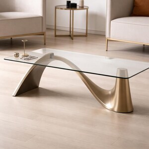 Mesa de centro moderna de cristal dorado, mesa de centro rectangular con estructura metálica curvada, mesa de centro de lujo para salón.