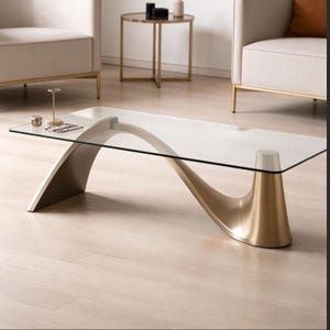 Mesa de centro moderna de cristal dorado, mesa de centro rectangular con estructura metálica curvada, mesa de centro de lujo para salón.