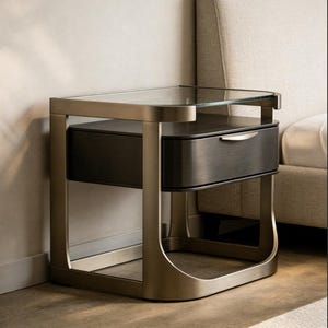 Mesita de noche moderna y minimalista para dormitorio, con dos niveles de almacenamiento de cristal y detalles metálicos.